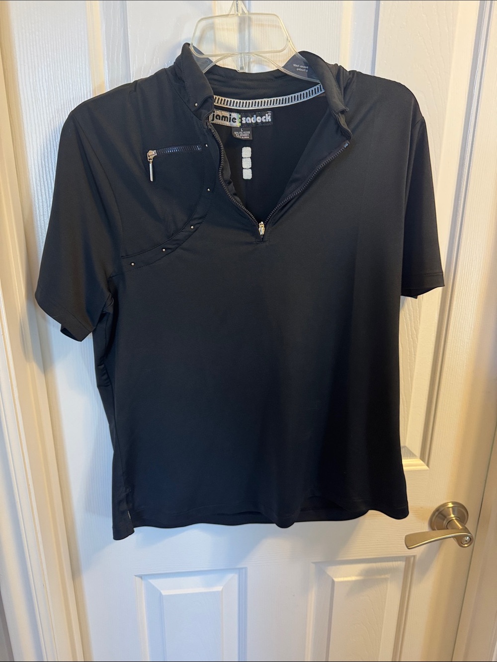 jamie sadock Black Short-Sleeve Zip Polo with Chest Zip and Studs